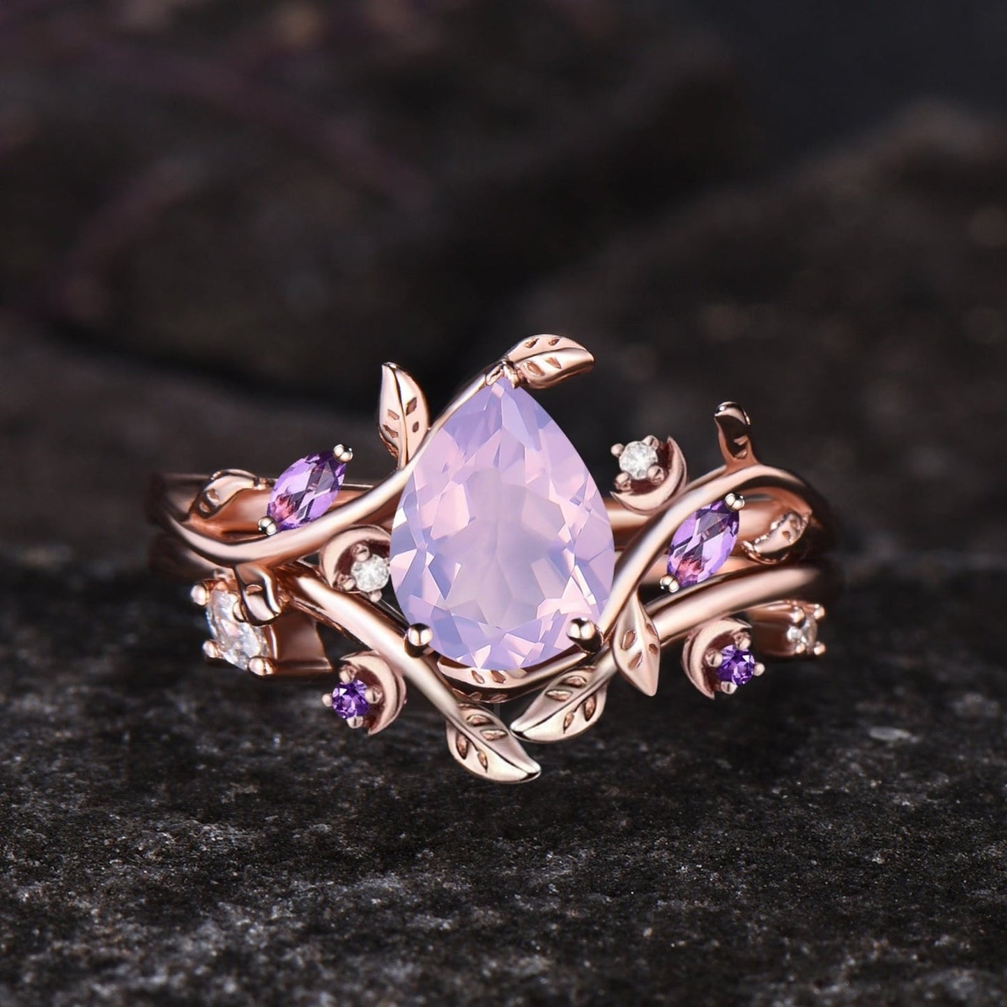 Teardrop Natural Lavender Amethyst Engagement Ring Set February Birthstone Amethyst Moon Ring Leaf Nature Inspired 2pcs Bridal Ring Set