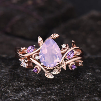 Teardrop Natural Lavender Amethyst Engagement Ring Set February Birthstone Amethyst Moon Ring Leaf Nature Inspired 2pcs Bridal Ring Set