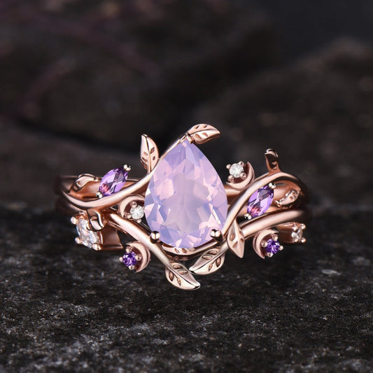 Teardrop Natural Lavender Amethyst Engagement Ring Set February Birthstone Amethyst Moon Ring Leaf Nature Inspired 2pcs Bridal Ring Set