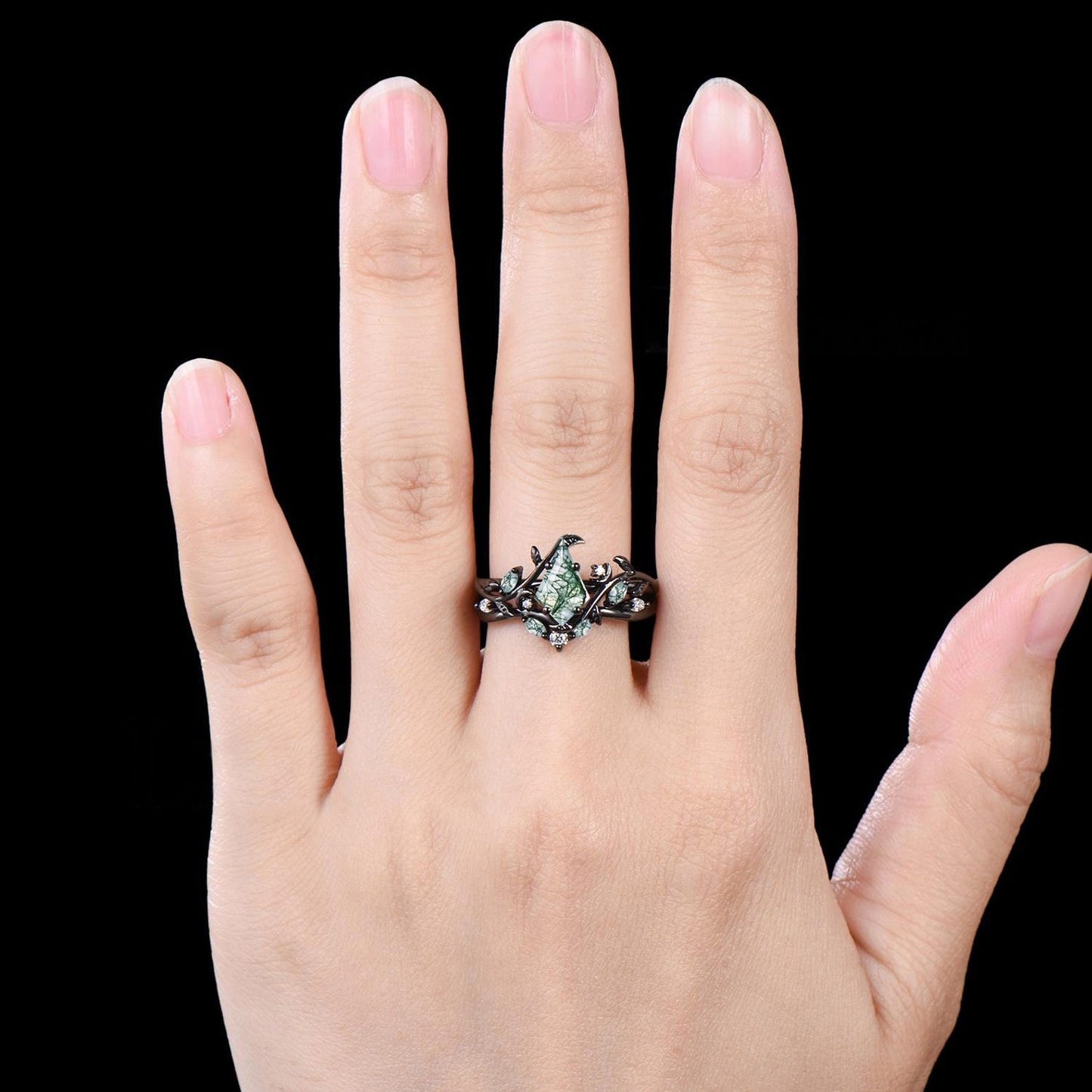Art Deco Kite Cut Natural Green Moss Agate Engagement Ring Set Unique 14k Black Gold Leaf Vine Twig Branch Nature Inspired Ring Moon Ring