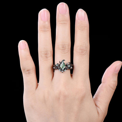 Art Deco Kite Cut Natural Green Moss Agate Engagement Ring Set Unique 14k Black Gold Leaf Vine Twig Branch Nature Inspired Ring Moon Ring