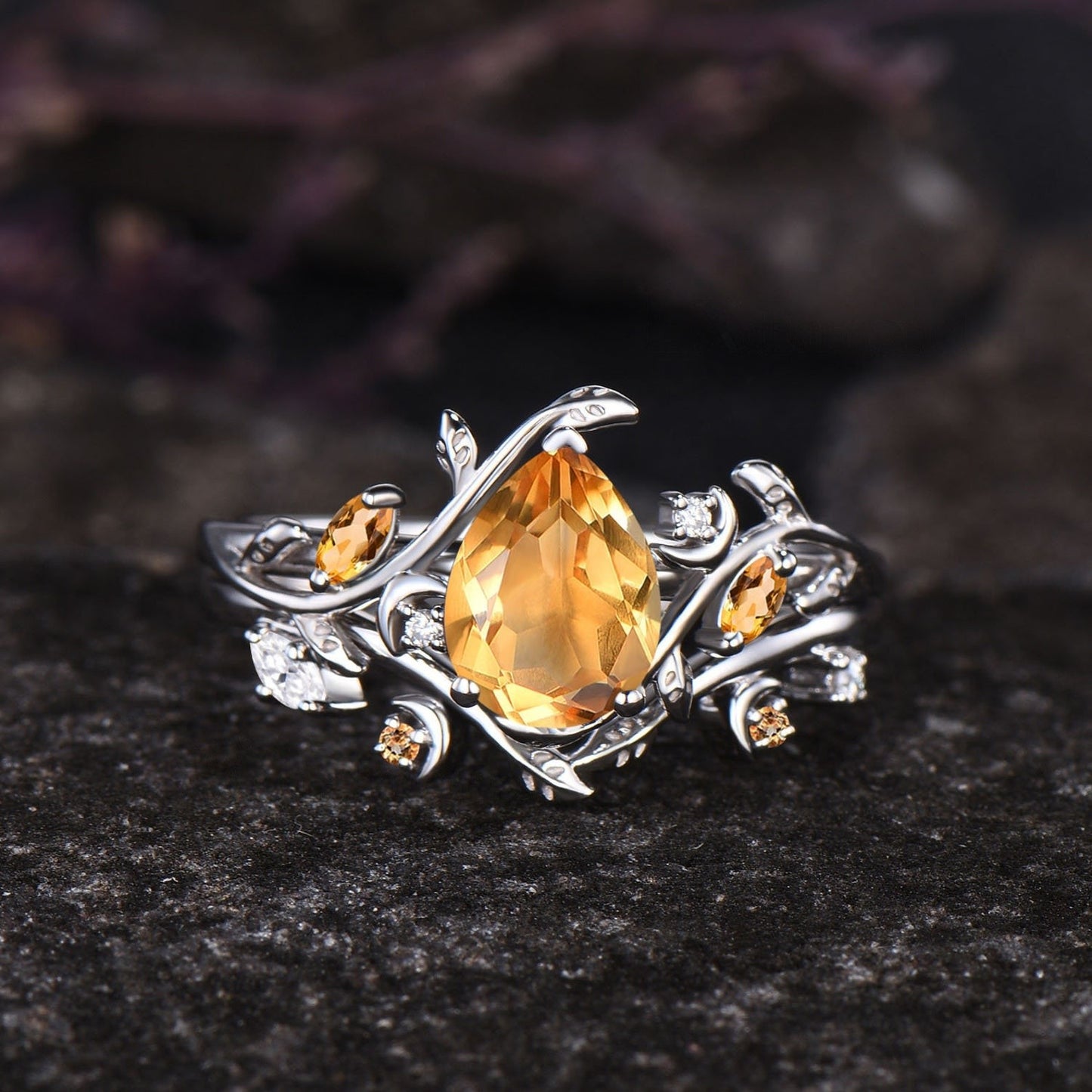 Dainty Pear Cut Natural Citrine Engagement Ring Set Unique Leaf Nature Inspired Ring Moon Ring November Birthstone Yellow Crystal Ring Women