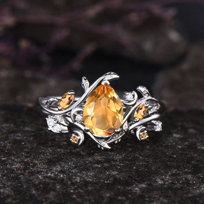 Dainty Pear Cut Natural Citrine Engagement Ring Set Unique Leaf Nature Inspired Ring Moon Ring November Birthstone Yellow Crystal Ring Women