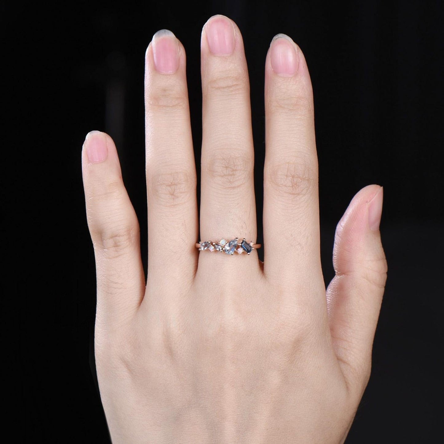 Unique Baguette Cut London Blue Topaz Wedding Band Women Minimalist Pear Aquamarine Opal Cluster Ring Delicate 14k Yellow Gold Bridal Gift