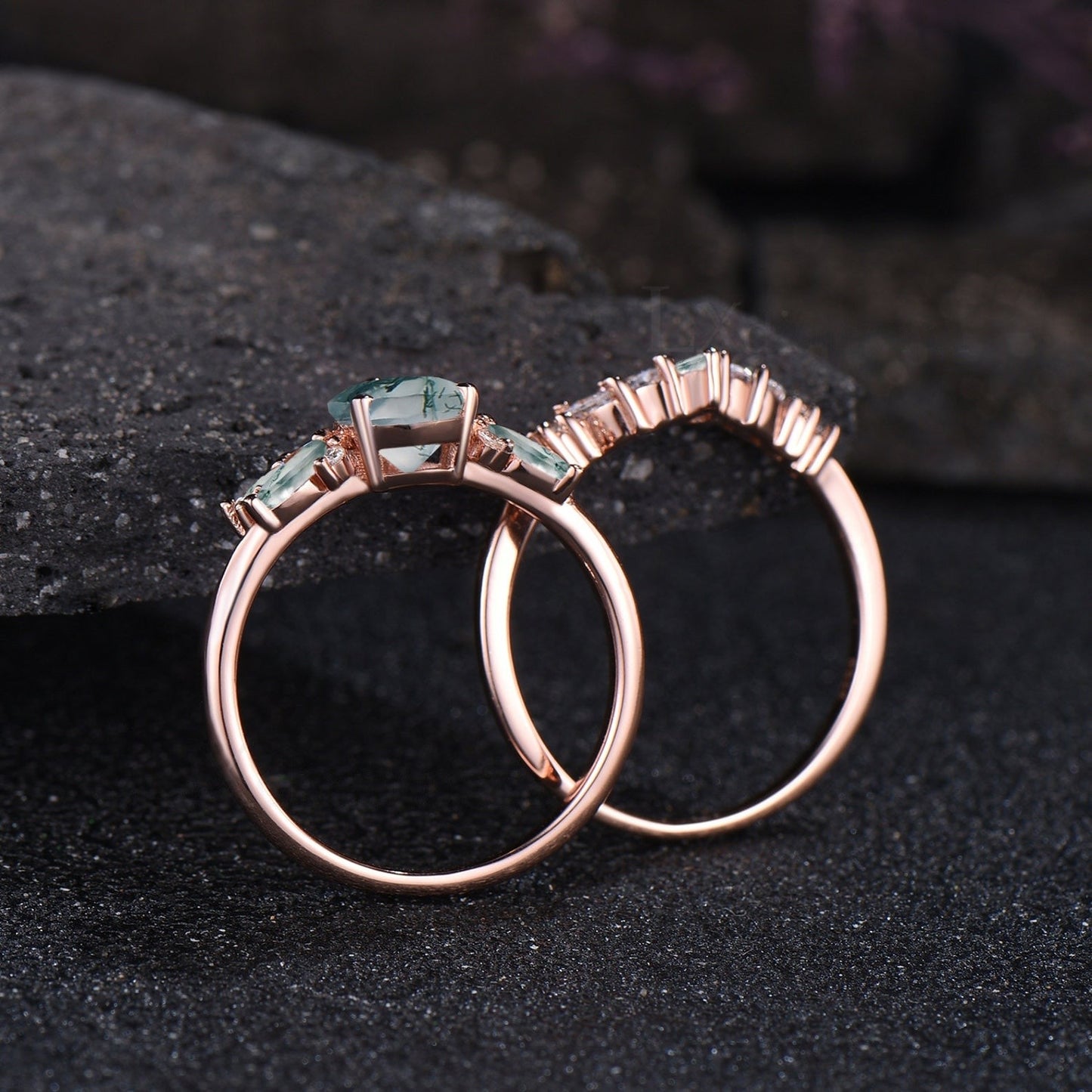 Unique Teardrop Moss Agate Engagement Ring Set Vintage Moissanite Cluster Wedding Ring 14k Rose Gold Sterling Silver 2pcs Bridal Ring Set