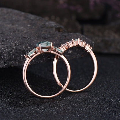Unique Teardrop Moss Agate Engagement Ring Set Vintage Moissanite Cluster Wedding Ring 14k Rose Gold Sterling Silver 2pcs Bridal Ring Set