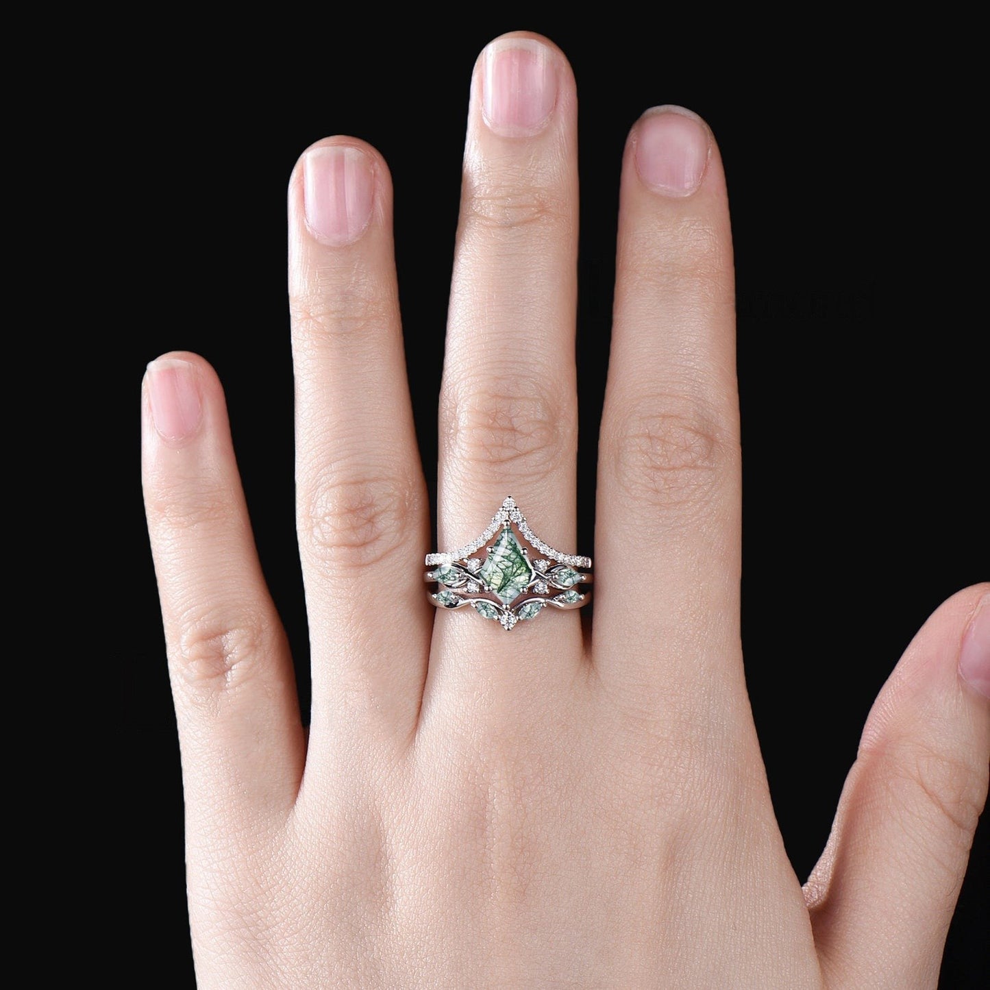 Unique Kite Cut Moss Agate Engagement Ring Set Vintage Round Moissanite Half Eternity Ring Art Deco 14k Rose Gold 3pcs Bridal Ring Set Women