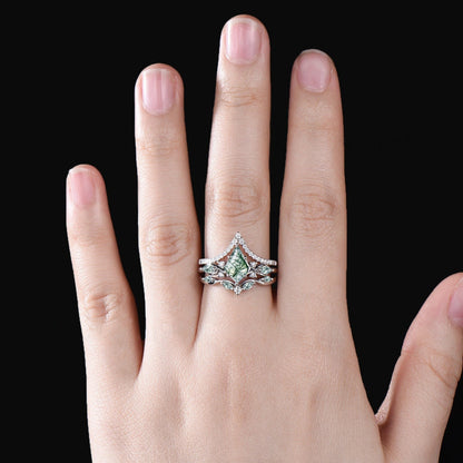 Unique Kite Cut Moss Agate Engagement Ring Set Vintage Round Moissanite Half Eternity Ring Art Deco 14k Rose Gold 3pcs Bridal Ring Set Women