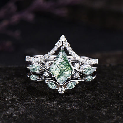 Unique Kite Cut Moss Agate Engagement Ring Set Vintage Round Moissanite Half Eternity Ring Art Deco 14k Rose Gold 3pcs Bridal Ring Set Women