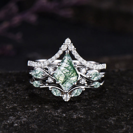 Unique Kite Cut Moss Agate Engagement Ring Set Vintage Round Moissanite Half Eternity Ring Art Deco 14k Rose Gold 3pcs Bridal Ring Set Women