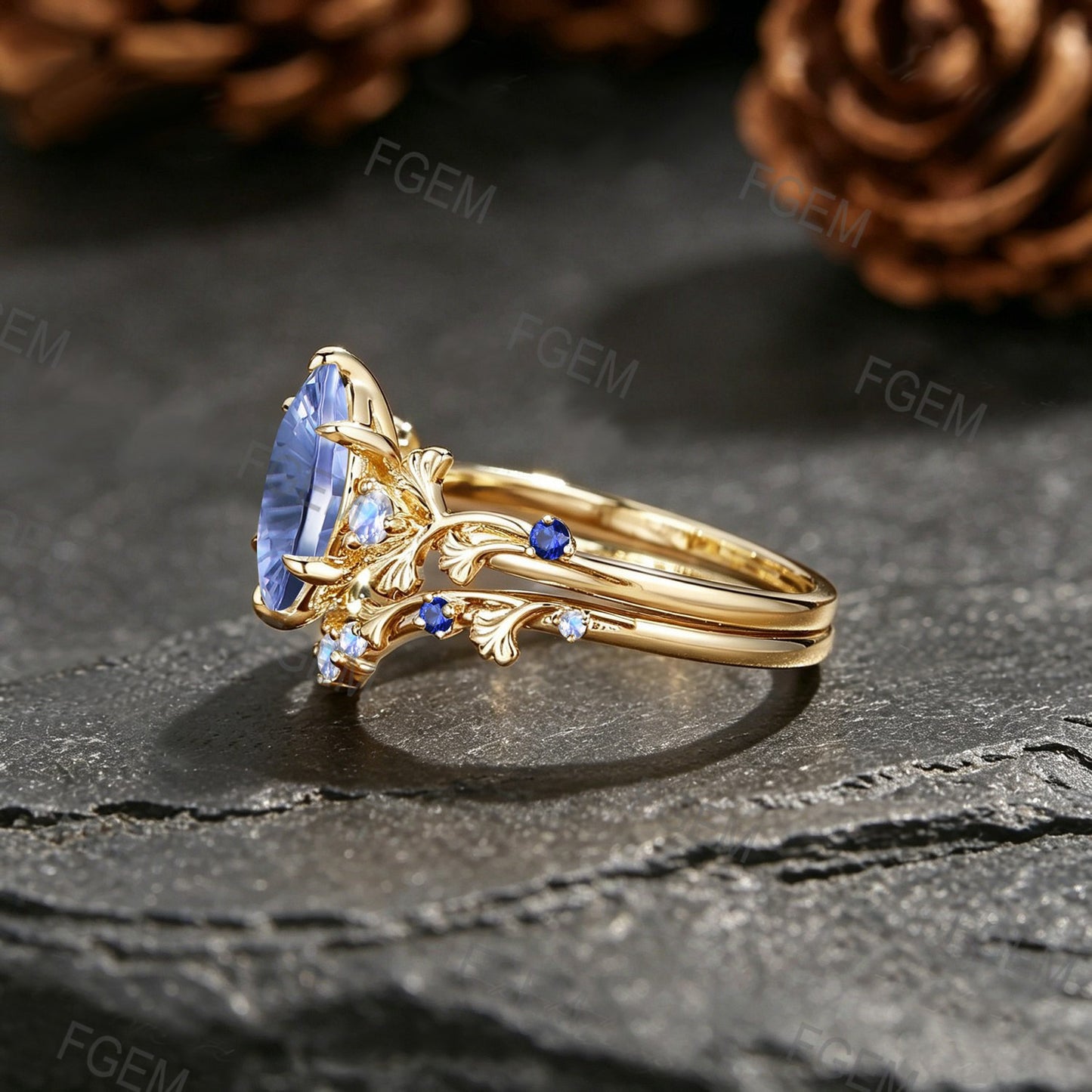 1CT Fantasy Cut Cornflower Sapphire Ginkgo Leaf Bridal Ring Yellow Gold Moonstone Sapphire Wedding Ring Set