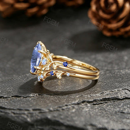 1CT Fantasy Cut Cornflower Sapphire Ginkgo Leaf Bridal Ring Yellow Gold Moonstone Sapphire Wedding Ring Set