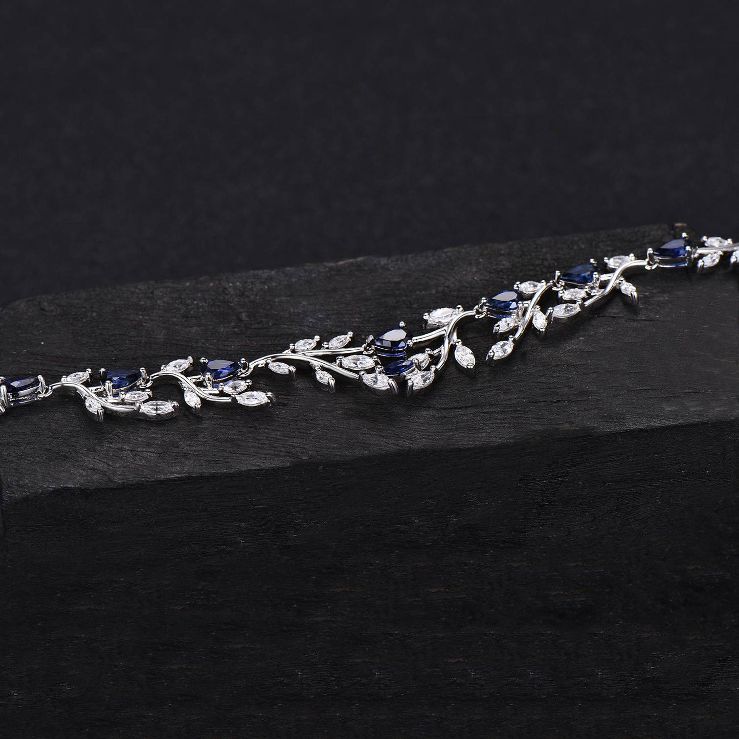 Lab-Created Blue Sapphire Necklace, Blue Gemstone Necklace,Leaf Marquise Moissanite Wedding Jewelry ,Vine Leaf Blue Bridal Wedding Necklace