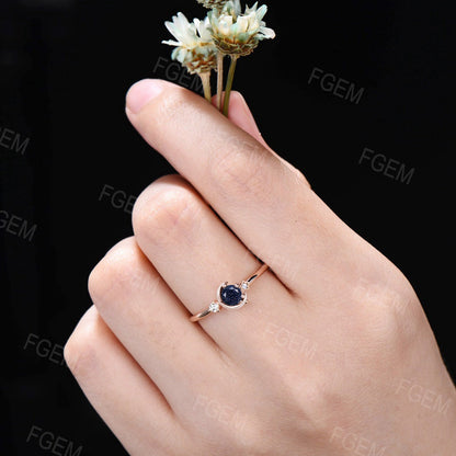 Round Galaxy Starry Sky Blue Sandstone Moissanite Promise Ring Unique Three Stone Engagement Ring Moon Star Wedding Ring Proposal Gift Women