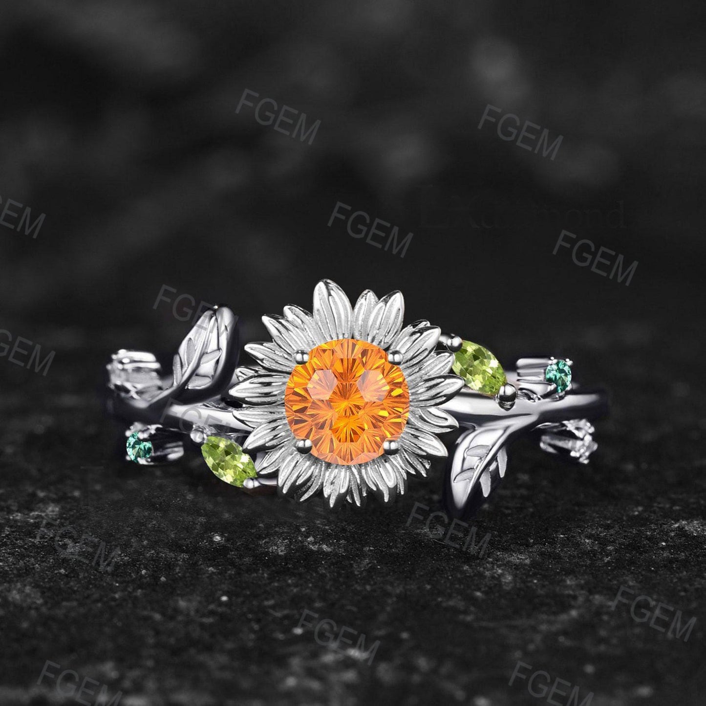 Sunflower Fireworks Cut Spessartite Garnet Engagement Ring Nature Inspired 18k Gold Women Proposal Ring Peridot Leaf Vintage Promise Ring