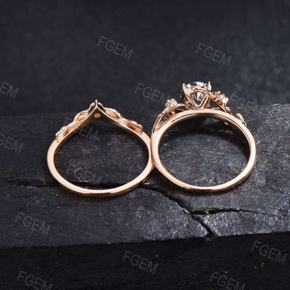 14k Solid Gold Engagement Ring Nature Inspired Grey Moissanite Ring 1ct Round Moissanite Bridal Set Twig Leaf Ring Set Proposal Women Gift