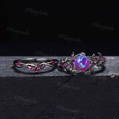 1ct Round Cut Lavender Opal Engagement Ring Set Vintage Black Gold Wedding Ring Leaf Flower Purple Opal Ring with Ruby
