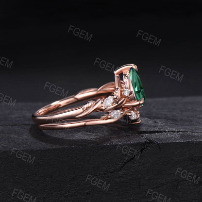 1.25ct Pear Shaped Green Sapphire Ring Set 14k Rose Gold Nature Inspired Green Blue Montana Teal Sapphire Branch Twig Vine Engagement Ring for Women