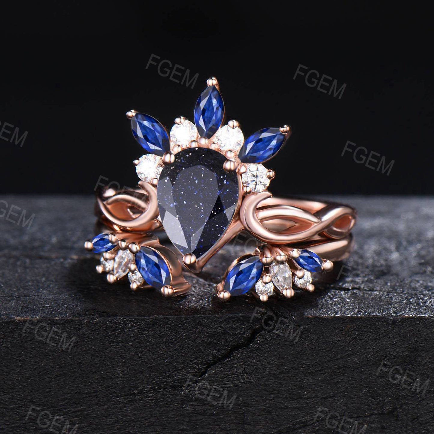 Unique Crown Engagement Ring Pear Cut Galaxy Blue Sandstone Ring Set Vintage Blue Goldstone Sapphire Bridal Set Infinity Ring Wedding Gifts