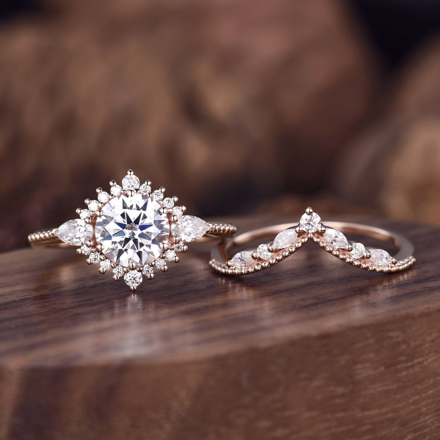 Vintage Moissanite Engagement Ring Set Rose Gold Wedding Ring Set Marquise Cluster Ring Art Deco Wedding Unique Bridal Anniversary Gift