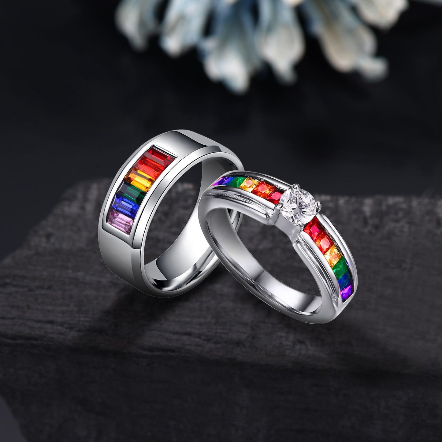 14K White Gold Genuine Multi-Gemstone Rainbow Anniversary Promise Band LGBT Engagement Ring Best Friend Gift Colors Of My Pride Gay Pride Ring