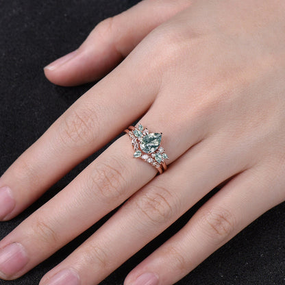 Unique Teardrop Moss Agate Engagement Ring Set Vintage Moissanite Cluster Wedding Ring 14k Rose Gold Sterling Silver 2pcs Bridal Ring Set