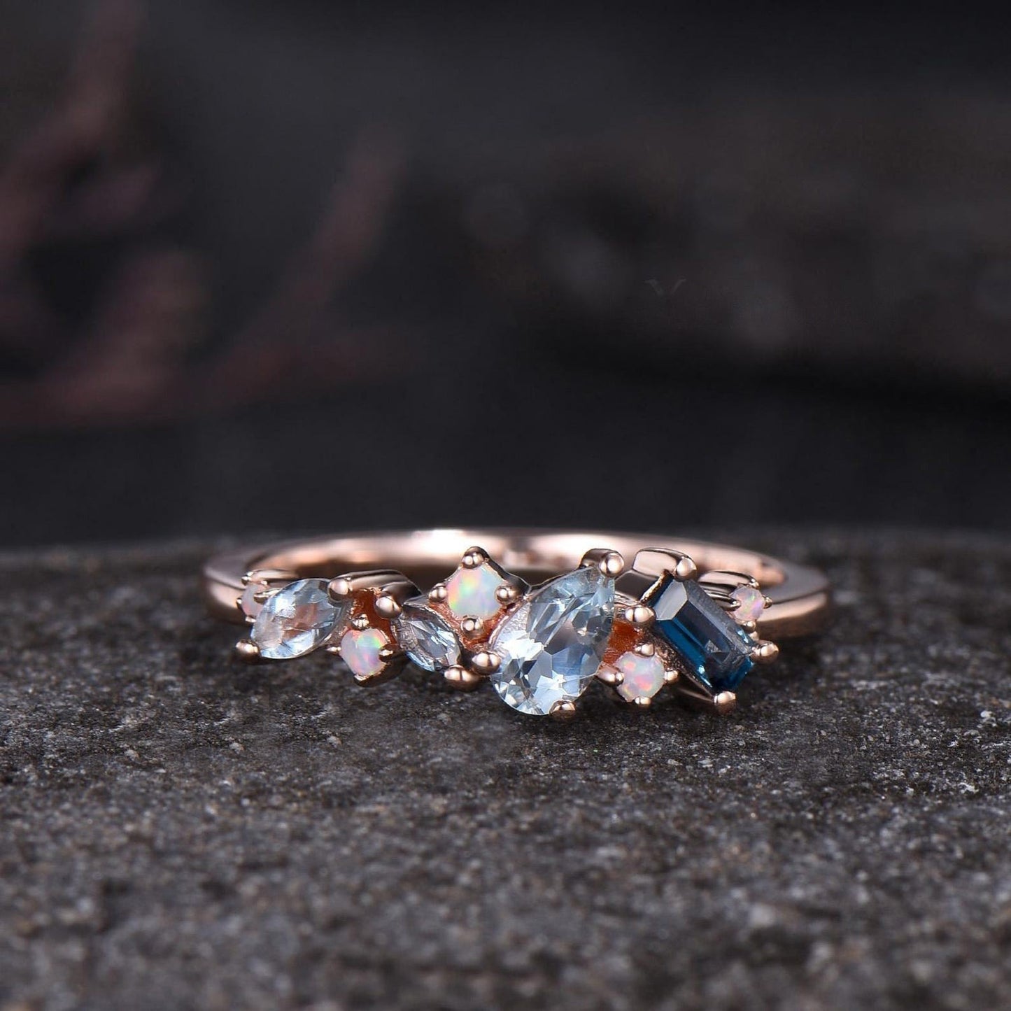 Unique Baguette Cut London Blue Topaz Wedding Band Women Minimalist Pear Aquamarine Opal Cluster Ring Delicate 14k Yellow Gold Bridal Gift