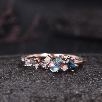 Unique Baguette Cut London Blue Topaz Wedding Band Women Minimalist Pear Aquamarine Opal Cluster Ring Delicate 14k Yellow Gold Bridal Gift
