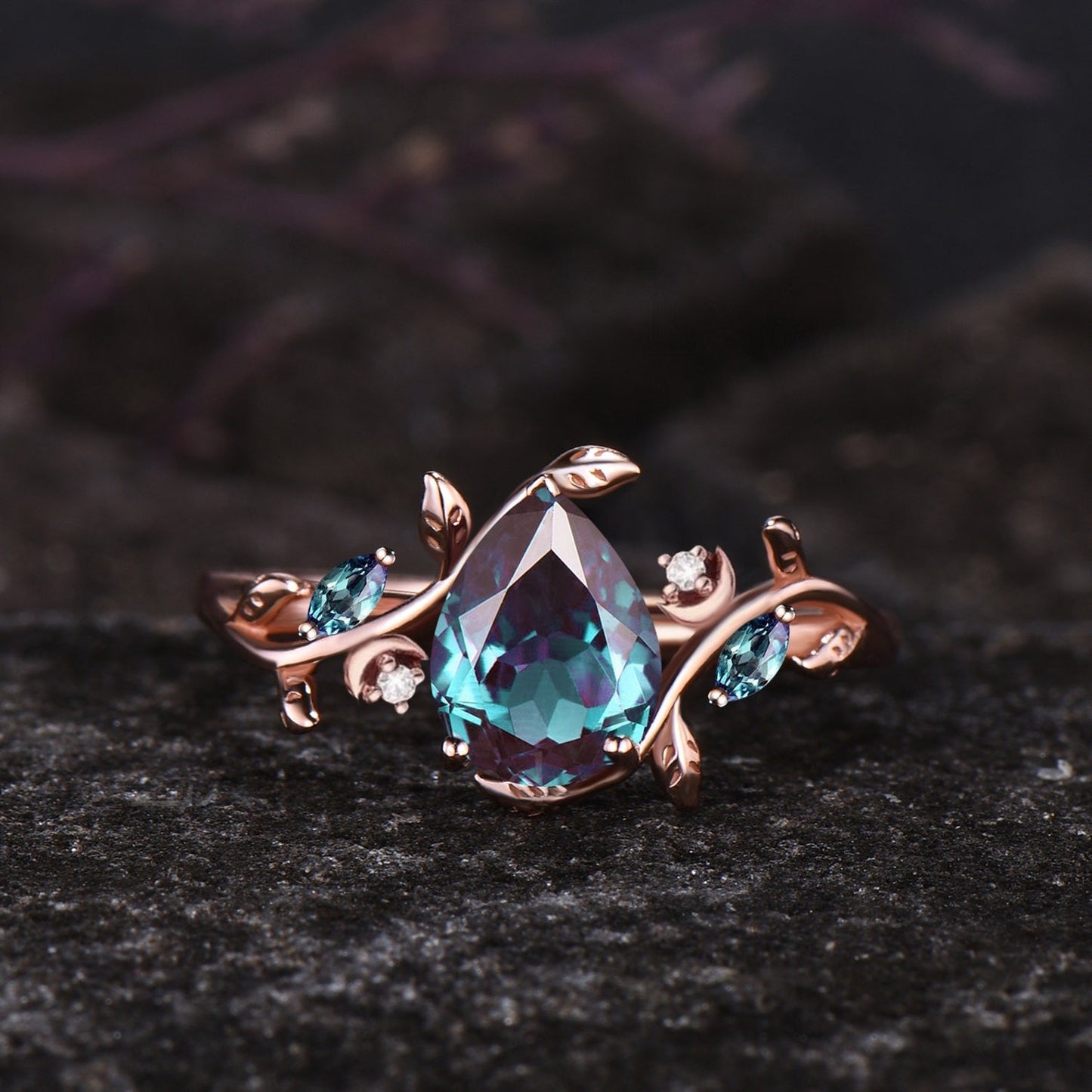 June Birthstone Pear Cut Alexandrite Engagement Ring Set Unique 14k Rose Gold Leaf Vine Twig Branch Nature Inspired Ring Moon Jewelry Gift