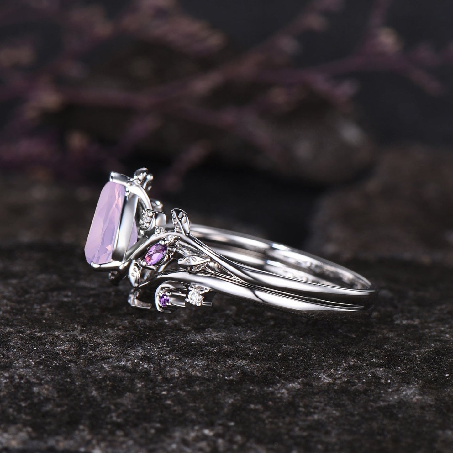 Teardrop Natural Lavender Amethyst Engagement Ring Set February Birthstone Amethyst Moon Ring Leaf Nature Inspired 2pcs Bridal Ring Set