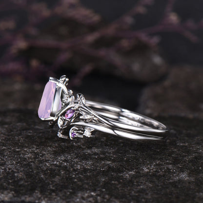 Teardrop Natural Lavender Amethyst Engagement Ring Set February Birthstone Amethyst Moon Ring Leaf Nature Inspired 2pcs Bridal Ring Set