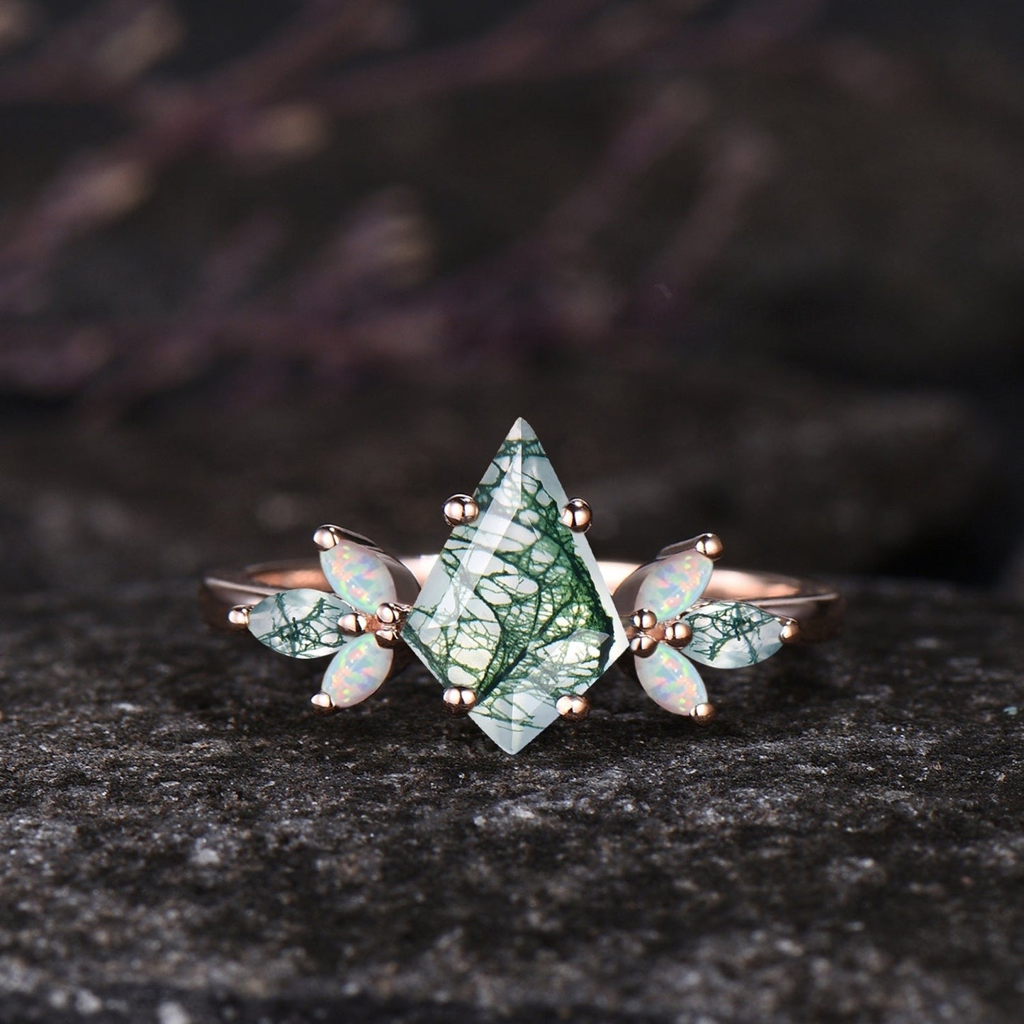 Kite Cut Green Moss Agate Engagement Ring Set Unique Marquise Natural Green Gemstone Cluster Ring 925 Sterling Silver 2pcs Bridal Ring Set