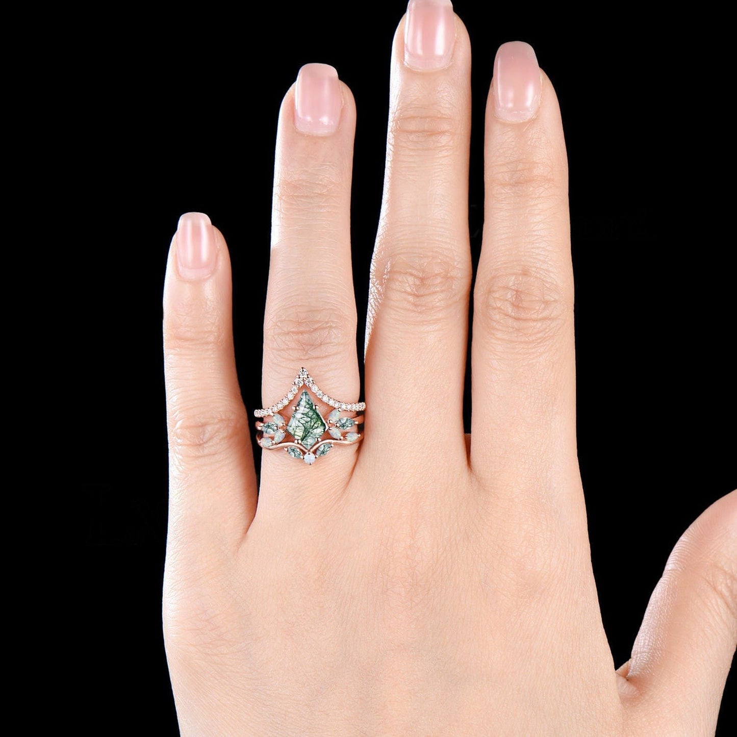 Kite Cut Green Moss Agate Engagement Ring Set Unique Marquise Natural Green Gemstone Cluster Ring 925 Sterling Silver 2pcs Bridal Ring Set