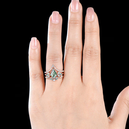 Kite Cut Green Moss Agate Engagement Ring Set Unique Marquise Natural Green Gemstone Cluster Ring 925 Sterling Silver 2pcs Bridal Ring Set