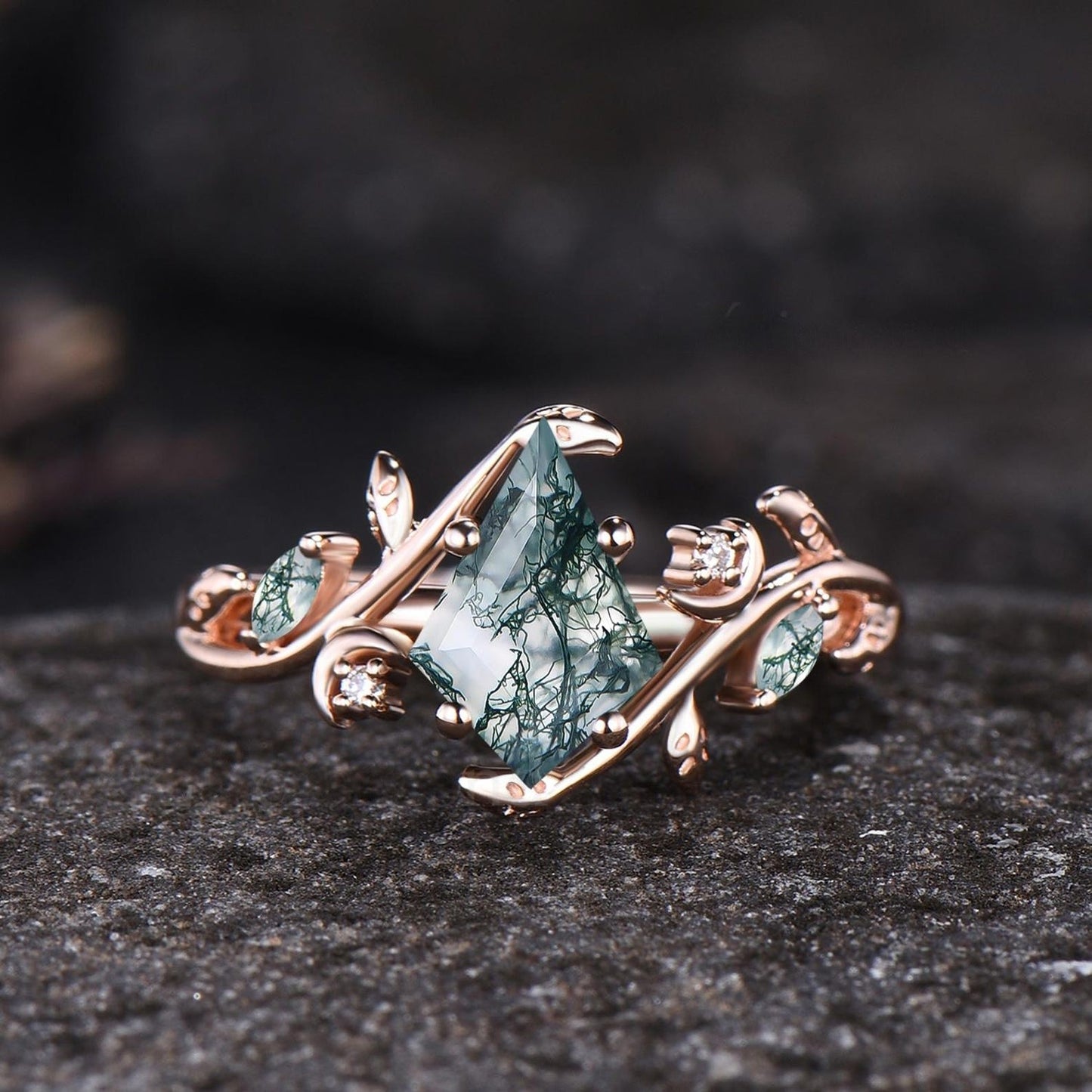 Art Deco Kite Cut Natural Green Moss Agate Engagement Ring Set Unique 14k Black Gold Leaf Vine Twig Branch Nature Inspired Ring Moon Ring