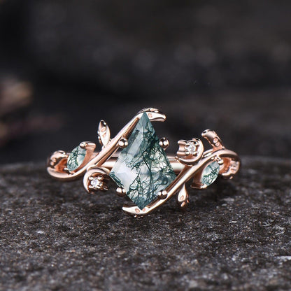 Art Deco Kite Cut Natural Green Moss Agate Engagement Ring Set Unique 14k Black Gold Leaf Vine Twig Branch Nature Inspired Ring Moon Ring