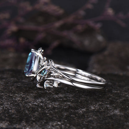 June Birthstone Pear Cut Alexandrite Engagement Ring Set Unique 14k Rose Gold Leaf Vine Twig Branch Nature Inspired Ring Moon Jewelry Gift