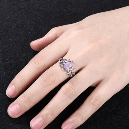 Teardrop Natural Lavender Amethyst Engagement Ring Set February Birthstone Amethyst Moon Ring Leaf Nature Inspired 2pcs Bridal Ring Set