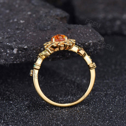 Sunflower Fireworks Cut Spessartite Garnet Engagement Ring Nature Inspired 18k Gold Women Proposal Ring Peridot Leaf Vintage Promise Ring