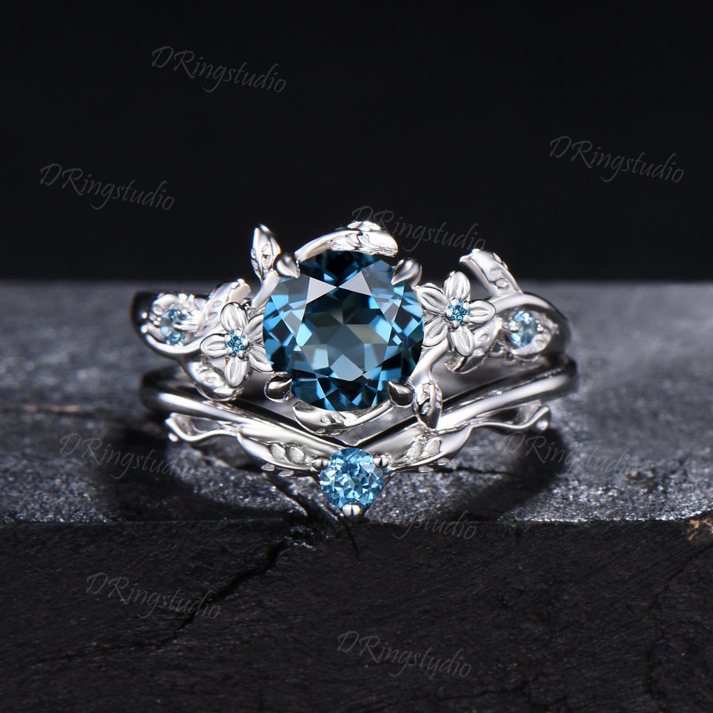 1ct Round Cut Nature Inspired Flower London Blue Topaz Wedding Ring Sterling Silver Topaz Bridal Ring Unique Anniversary/Promise Ring Gifts