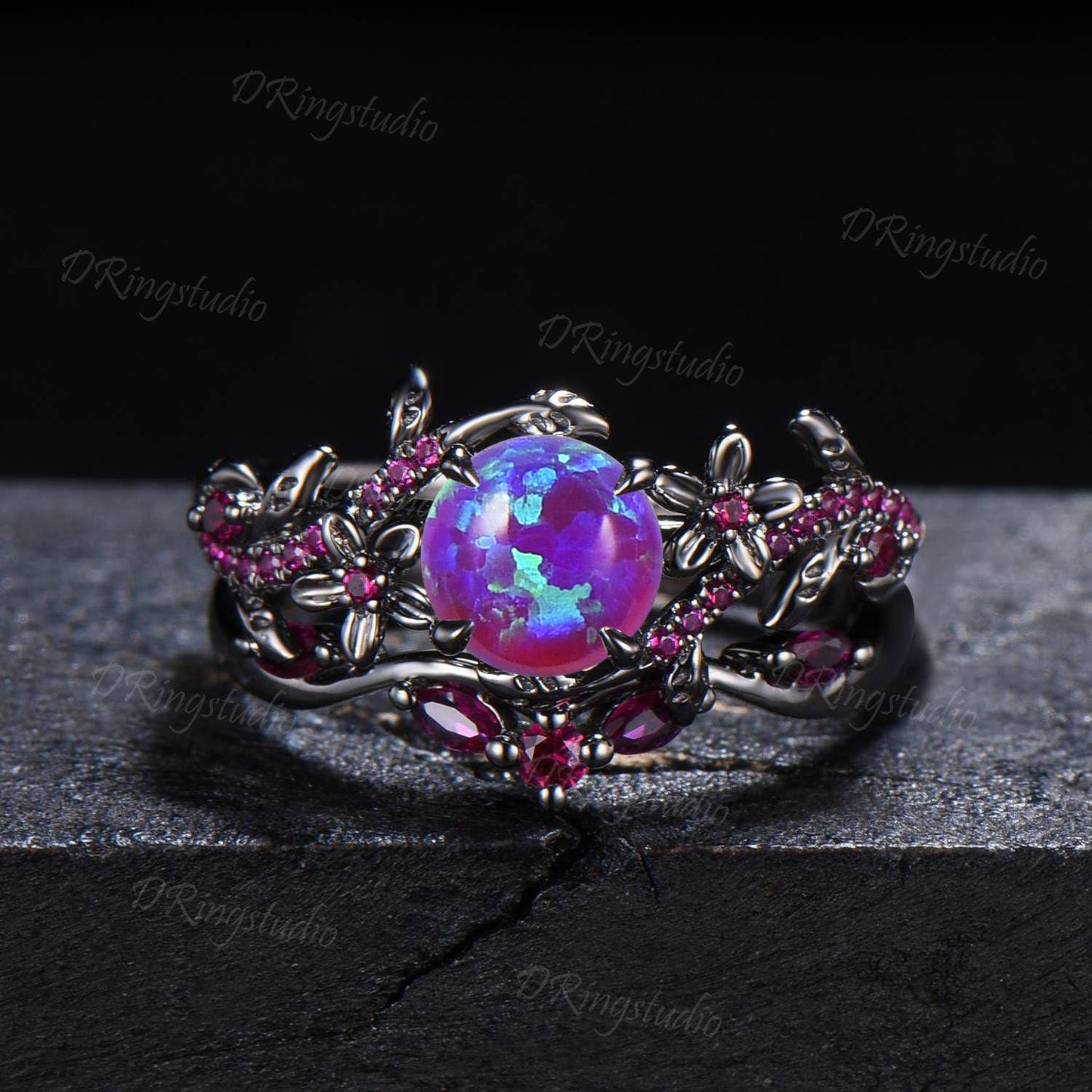 1ct Round Cut Lavender Opal Engagement Ring Set Vintage Black Gold Wedding Ring Leaf Flower Purple Opal Ring with Ruby