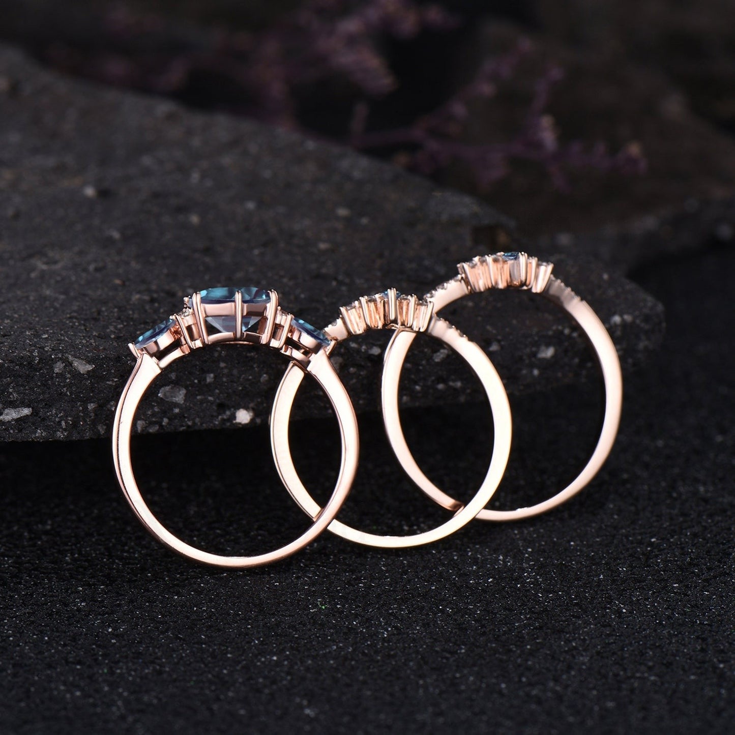 Vintage Round Alexandrite Engagement Ring Set June Birthstone Alexandrite Wedding Band 14k Rose Gold Cluster Halo 3pcs Bridal Ring Set Women