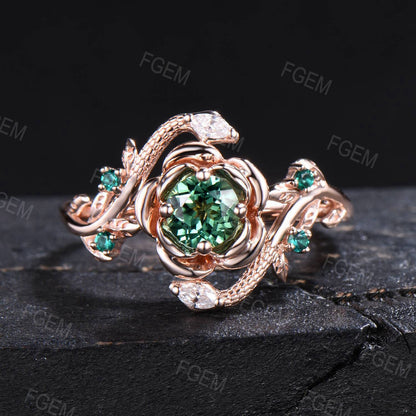 Gold Snake Engagement Ring Rose Flower Round Green Sapphire Wedding Ring Twig Leaf Vine Green Gemstone Ring Serpent Ring Anniversary Gifts