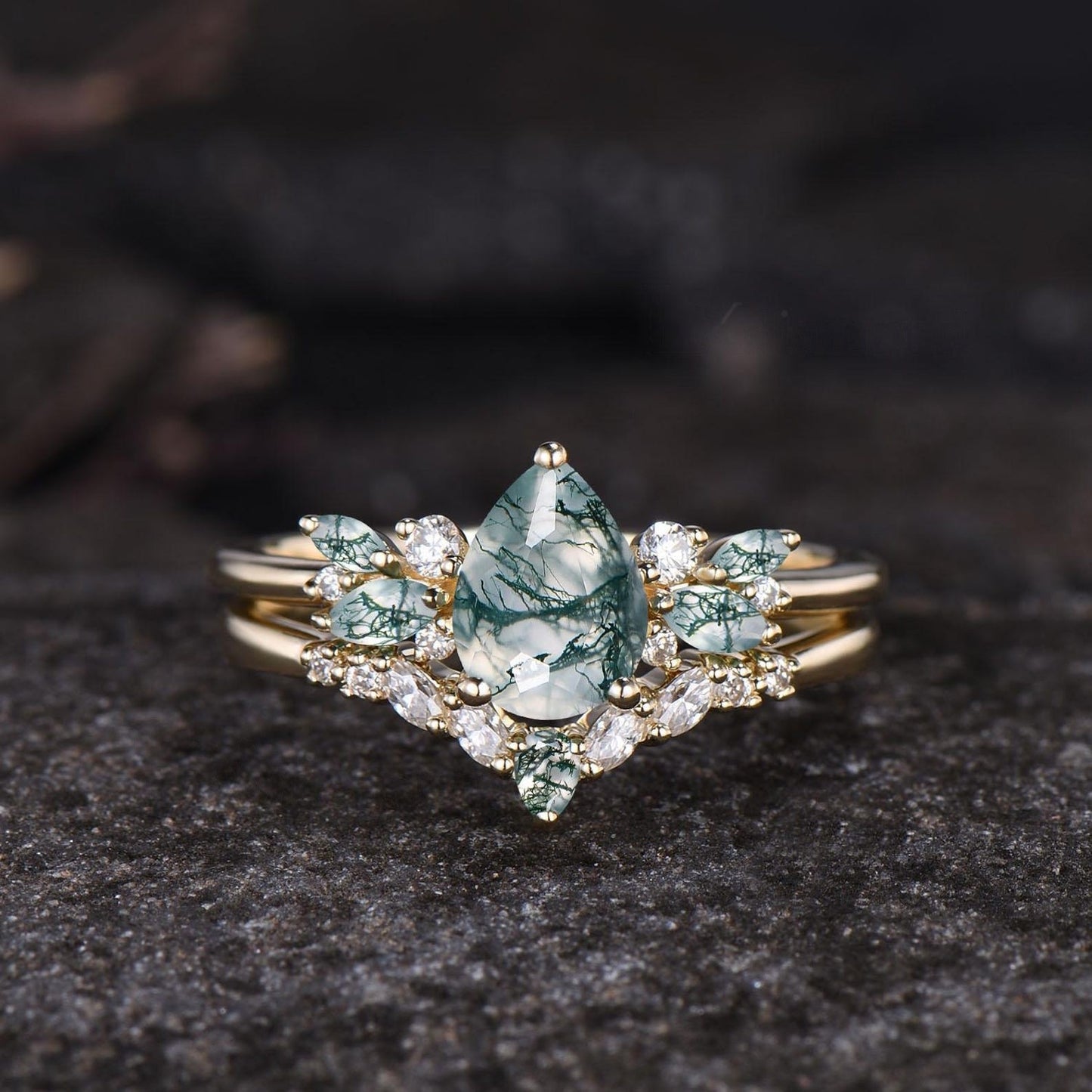 Unique Teardrop Moss Agate Engagement Ring Set Vintage Moissanite Cluster Wedding Ring 14k Rose Gold Sterling Silver 2pcs Bridal Ring Set