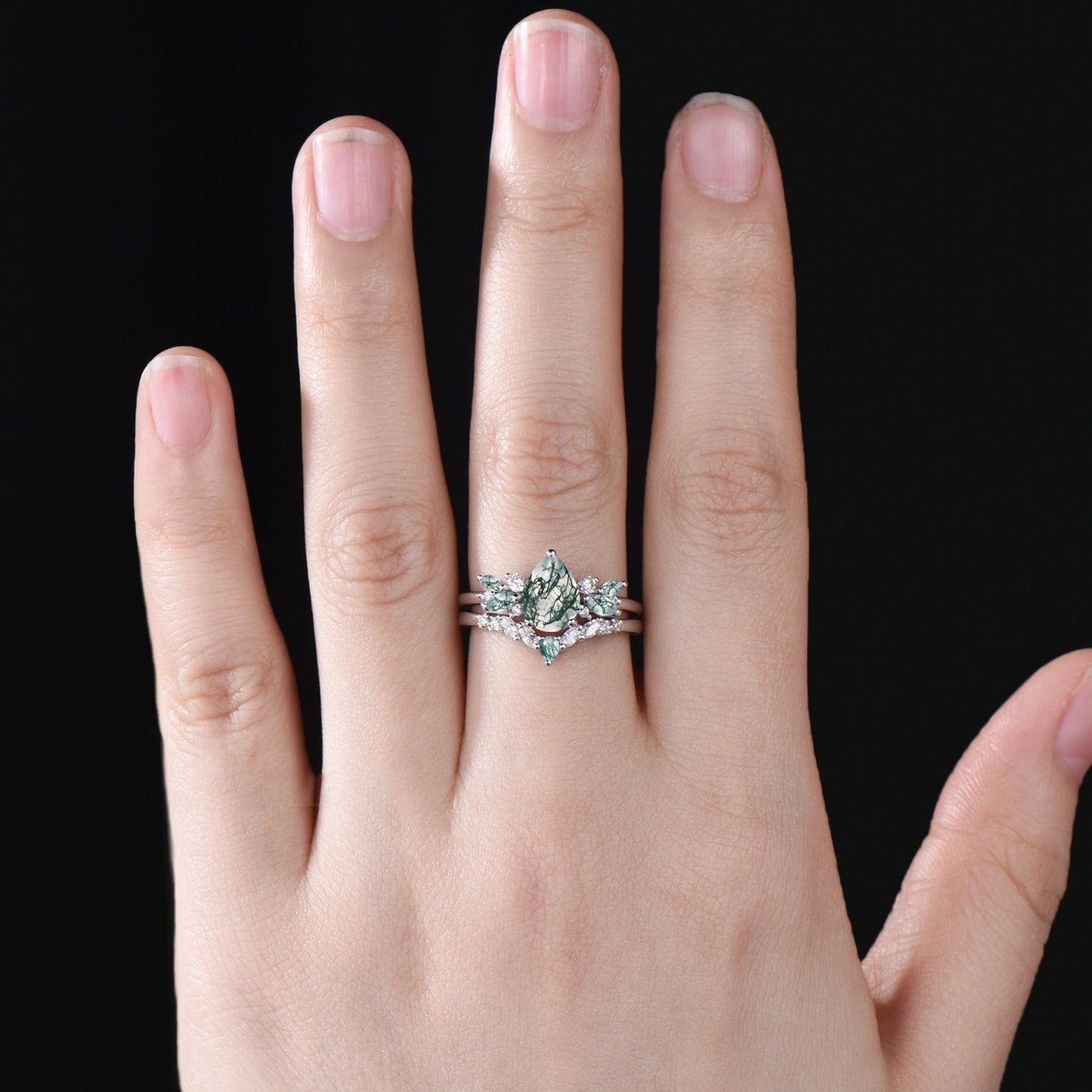 Unique Teardrop Moss Agate Engagement Ring Set Vintage Moissanite Cluster Wedding Ring 14k Rose Gold Sterling Silver 2pcs Bridal Ring Set