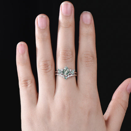 Unique Teardrop Moss Agate Engagement Ring Set Vintage Moissanite Cluster Wedding Ring 14k Rose Gold Sterling Silver 2pcs Bridal Ring Set