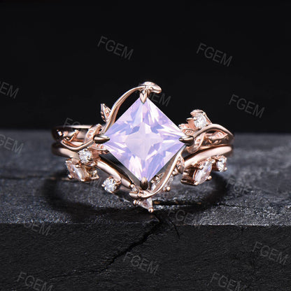 Vintage Princess Lavender Amethyst Engagement Ring Branch Leaf Vine Amethyst Promise Ring Nature Inspired Moissanite Bridal Set Gift for Her