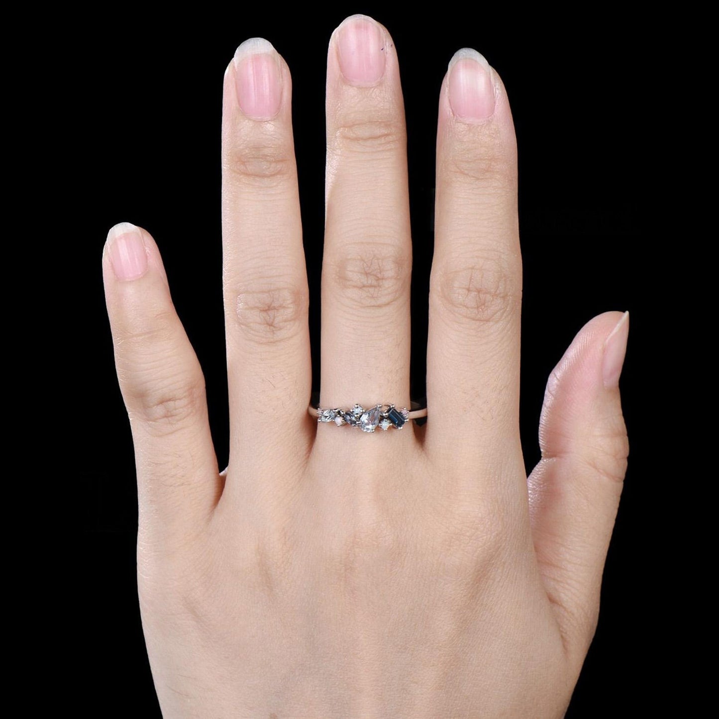 Unique Baguette Cut London Blue Topaz Wedding Band Women Minimalist Pear Aquamarine Opal Cluster Ring Delicate 14k Yellow Gold Bridal Gift