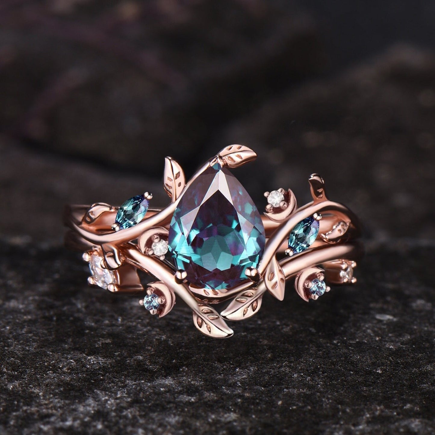 June Birthstone Pear Cut Alexandrite Engagement Ring Set Unique 14k Rose Gold Leaf Vine Twig Branch Nature Inspired Ring Moon Jewelry Gift