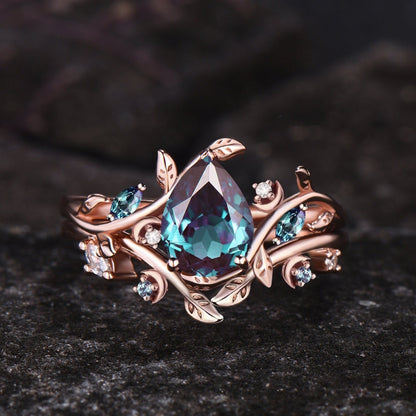 June Birthstone Pear Cut Alexandrite Engagement Ring Set Unique 14k Rose Gold Leaf Vine Twig Branch Nature Inspired Ring Moon Jewelry Gift